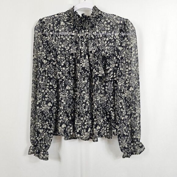 Lulus Simple Serenity Black Floral Print Ruffled Top in Black - Size S - Picture 1 of 7